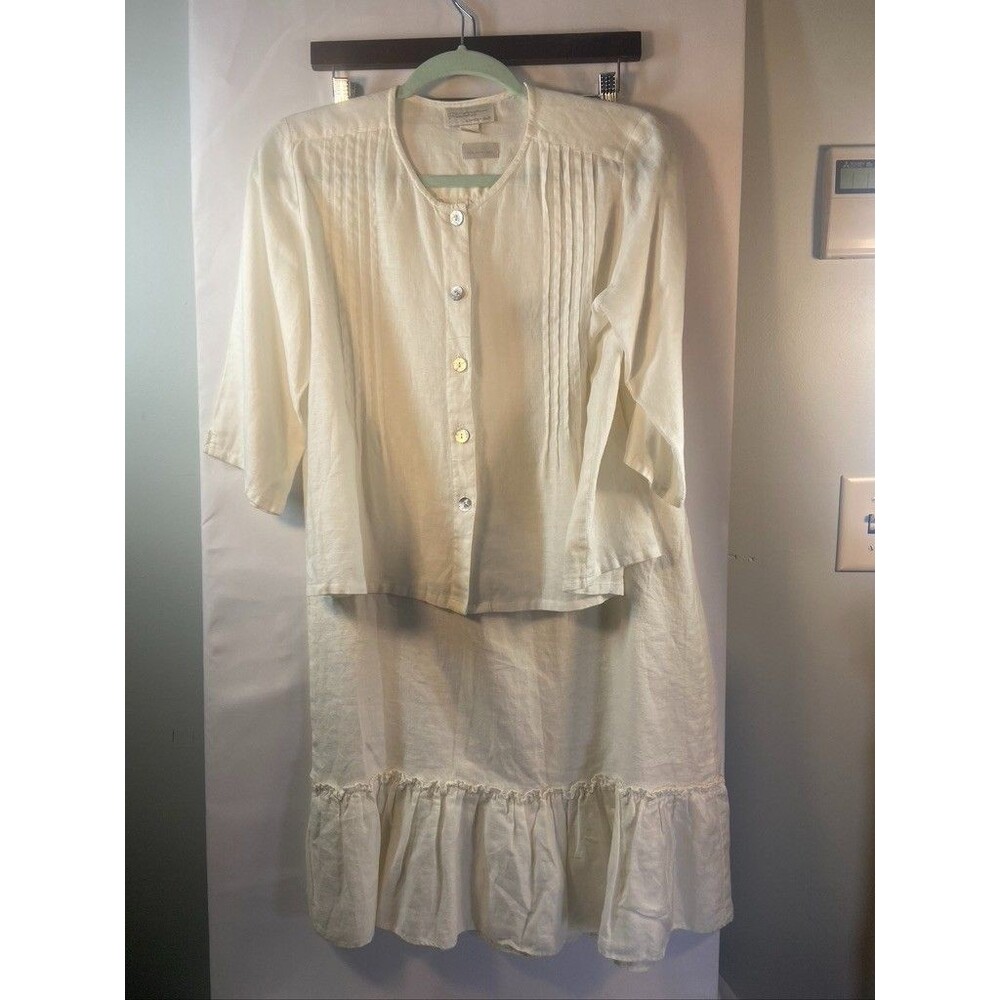 LOT OF TWO BLOUSE SKIRT S 100% LINEN WHITE SKIRT MIDI BLOUSE 8 CROPPED3/4 SLEEVE